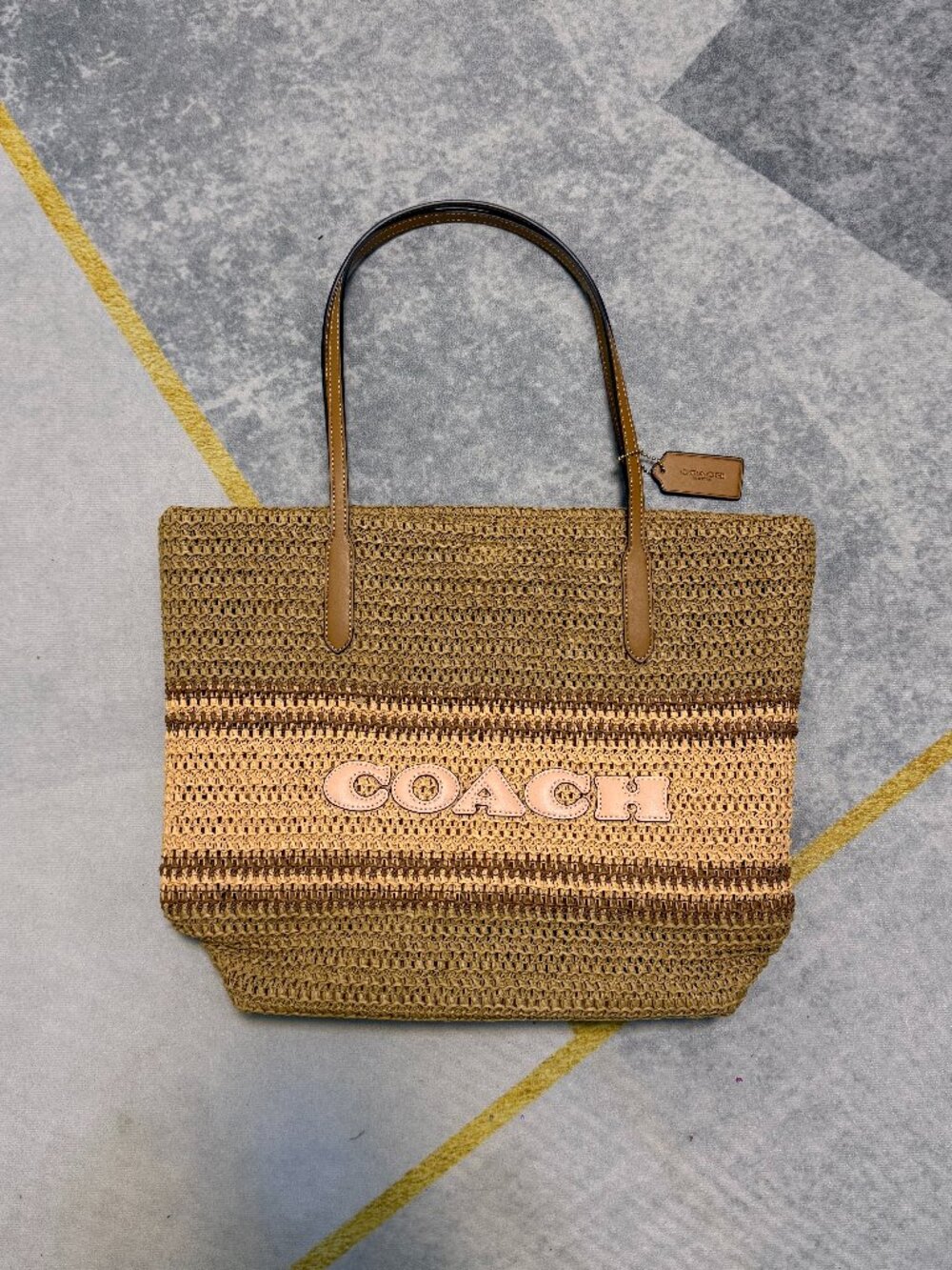 COACH Straw Tote in Tan and Brown Woven Stripe - Picture 1 of 7